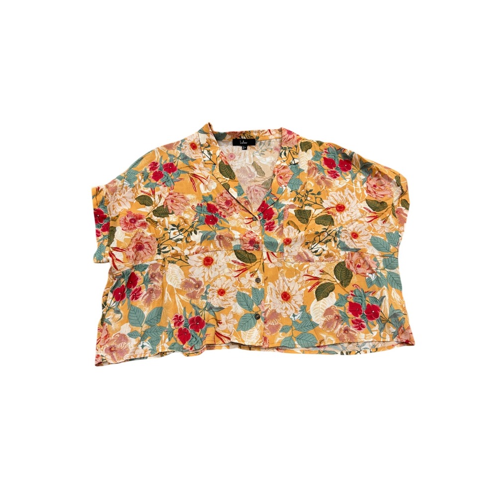 Lulus Floral Short Sleeve Button Up Crop Top Womens Size Small Mustard Yellow